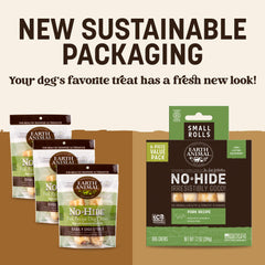 Earth Animal No Hide Chews pork rolls close-up, reduces boredom for small dogs.