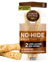 Earth Animal No Hide venison roll packaging, USA-made, ideal for long-lasting large dog chews.