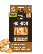 Earth Animal No-Hide Venison Rolls pack—three-count for medium dogs' long-lasting chew.