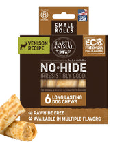Earth Animal No Hide venison rolls for small dogs, long-lasting chew and boredom relief.