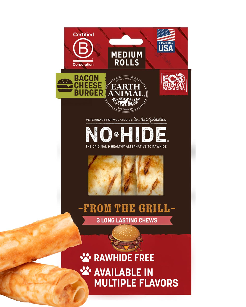 Earth Animal No Hide Rolls Bacon Cheeseburger pack shot highlighting savory, long-lasting chew for medium dogs.