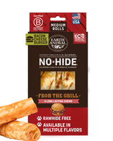 Earth Animal No Hide Rolls Bacon Cheeseburger pack shot highlighting savory, long-lasting chew for medium dogs.