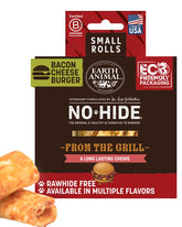 Earth Animal No-Hide Rolls bacon cheeseburger for small dogs in a pack, long-lasting chew.