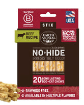 Earth Animal No Hide Stix beef packaging shows a 20-count bundle for long-lasting small dog chews.