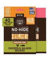 Earth Animal No-Hide Stix chicken-salmon bundle offers a long-lasting chew for small dogs.