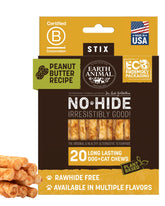Earth Animal No-Hide Stix packaging for small dogs, long-lasting peanut butter chew.