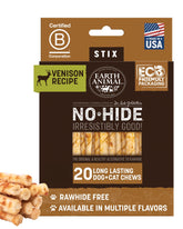 Earth Animal No Hide Stix venison pack shot, ideal for small dogs.
