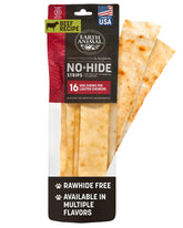 Earth Animal No-Hide Strips beef pack front, convenient 16-count for dogs.