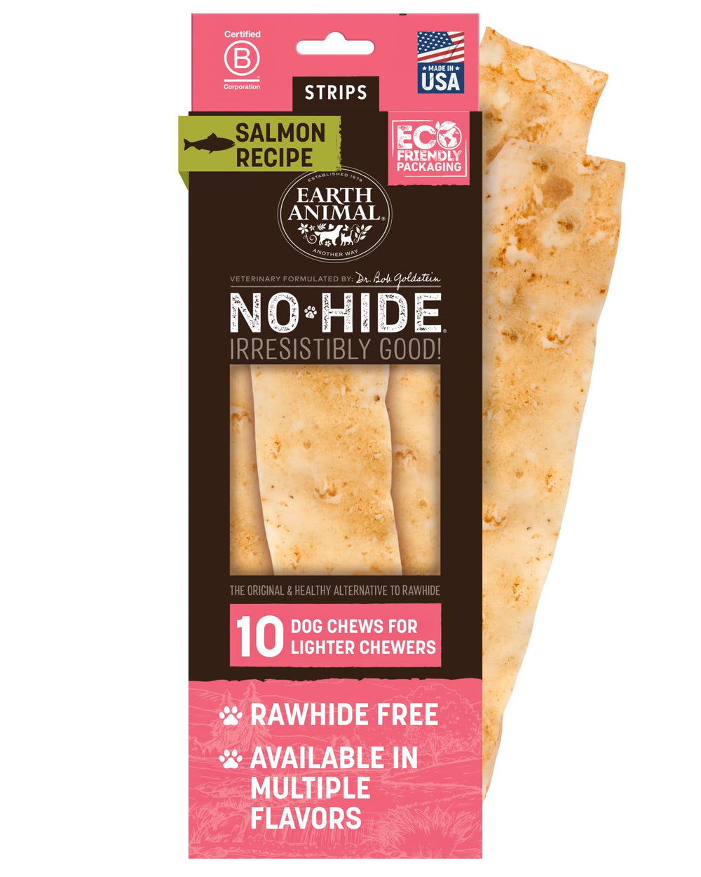 Earth Animal No-Hide Strips Salmon 10-count pack for dogs, ideal daily chew.