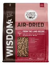 Earth Animal Wisdom air-dried dog food bag showing premium nutrition for all breeds.
