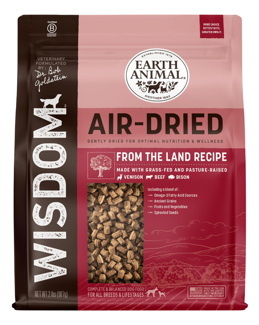 Earth Animal Wisdom air-dried venison protein in a bowl, rich flavor for dogs