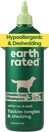 Earth Rated deshedding shampoo bottle displaying a nourishing formula for manageable shedding