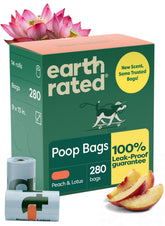 Earth Rated peach-lotus poop bags roll for convenient on-the-go cleanup.