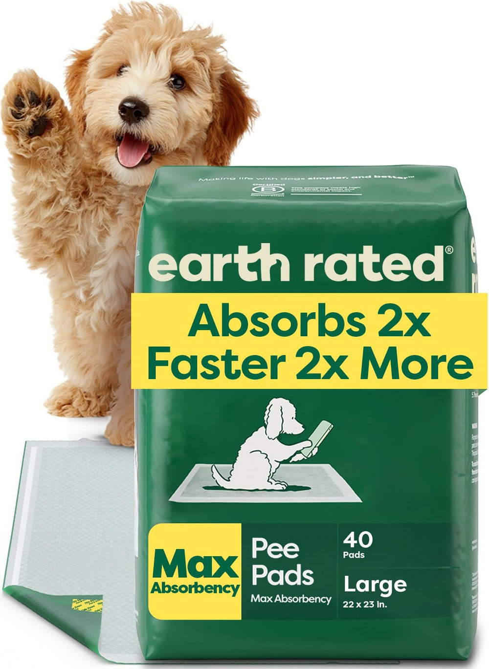 Earth Rated Puppy Pads with AbsorbShield technology for fast absorption.