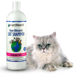 Earthbath hypoallergenic cat shampoo bottle showing fragrance-free formula for sensitive skin.