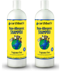 Earthbath hypoallergenic dog shampoo bottle on shelf; fragrance-free formula gentle on sensitive skin.
