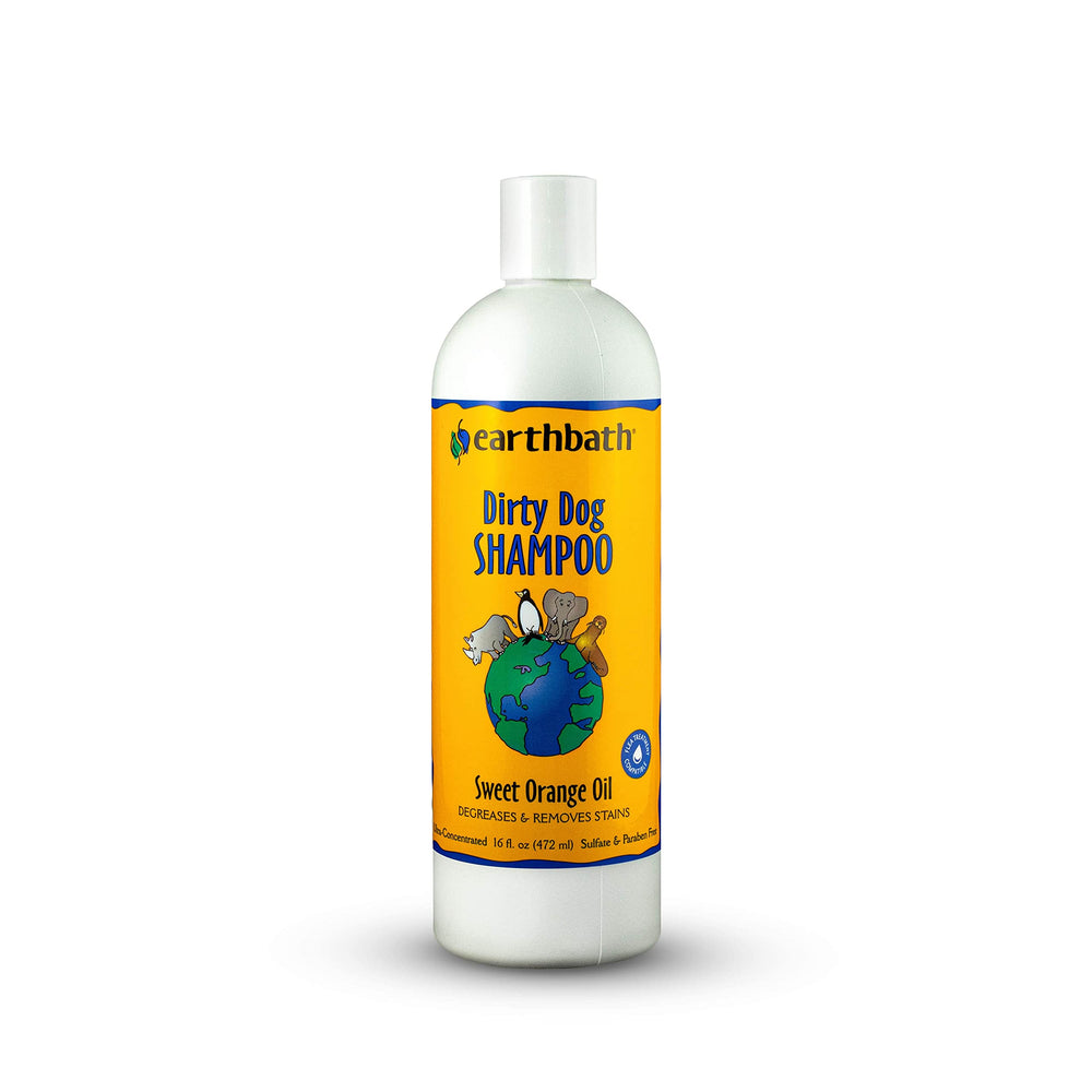 Earthbath Sweet Orange Dirty Dog Shampoo bottle showing citrus scent and gentle cleansing.