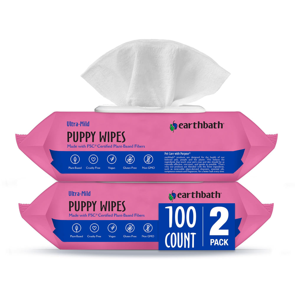 Earthbath Ultra-Mild Wild Cherry Puppy Wipes open pack for gentle at-home dog grooming.