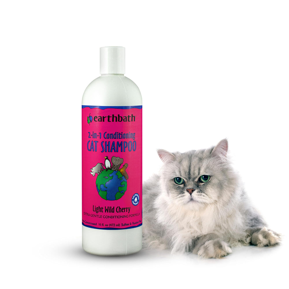 Earthbath Wild Cherry 2-in-1 cat shampoo bottle with cherry scent for shine.