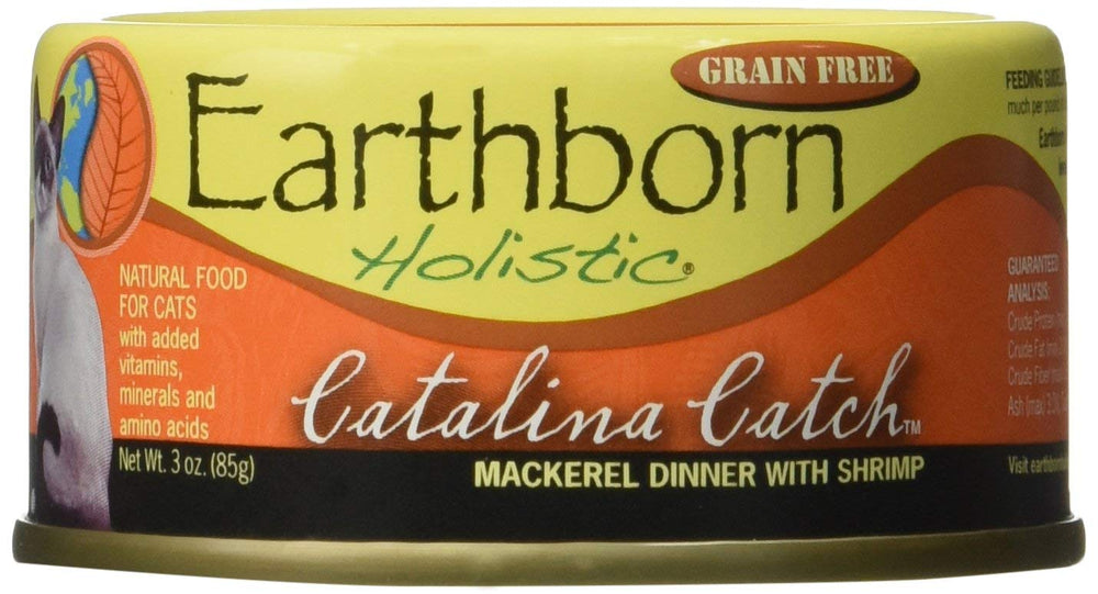 Earthborn Holistic Catalina Catch grain-free can with mackerel and shrimp for healthy skin and coat.