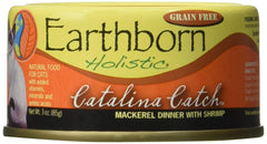Earthborn Holistic Catalina Catch grain-free can with mackerel and shrimp for healthy skin and coat.