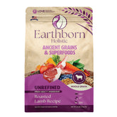 Earthborn Holistic unrefined roasted lamb dog food bag showcases premium protein and digestibility.