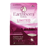Earthborn Holistic Venture Rabbit Meal and Pumpkin dry dog food bag emphasizing grain-free formula