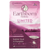 Earthborn Venture rabbit meal bag closeup highlights premium ingredients for sensitive dogs.