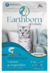 Earthborn Holistic Wild Sea Catch dry cat food bag highlighting grain-free protein-rich formula