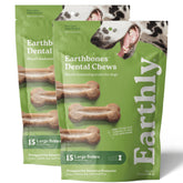 Earthly Earthbones dental chews for large dogs in a 50 lb bag showing the product and packaging.