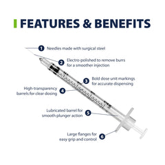 Half-unit markings on Easy Touch syringes for precise pet dosing.