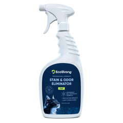 Eco Strong cat stain remover bottle demonstrates enzyme-based cleaning for odor and stain elimination