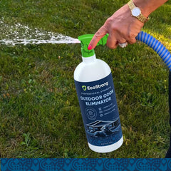 Eco Strong patio deck odor neutralizer used on wooden deck to refresh outdoor space.