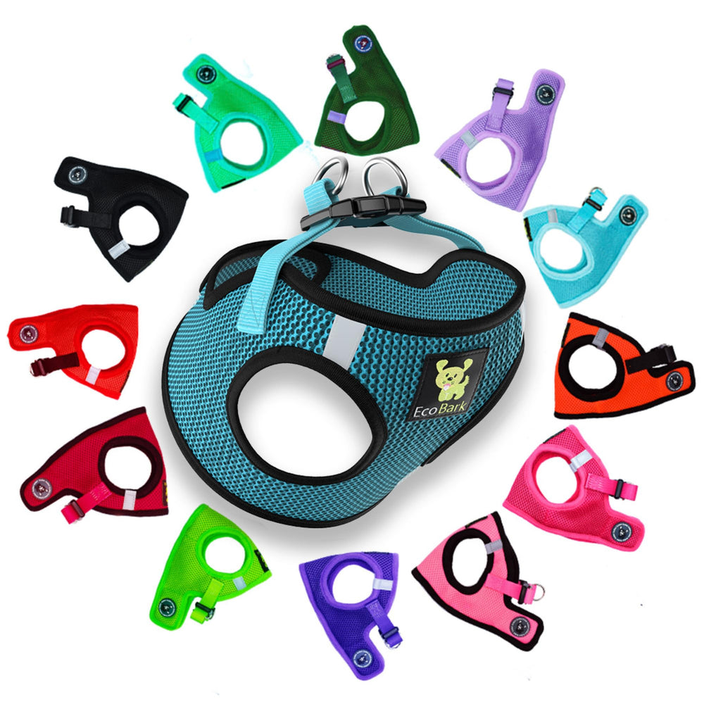 EcoBark Step-in harness in black mesh provides breathable comfort for tiny teacup dogs.