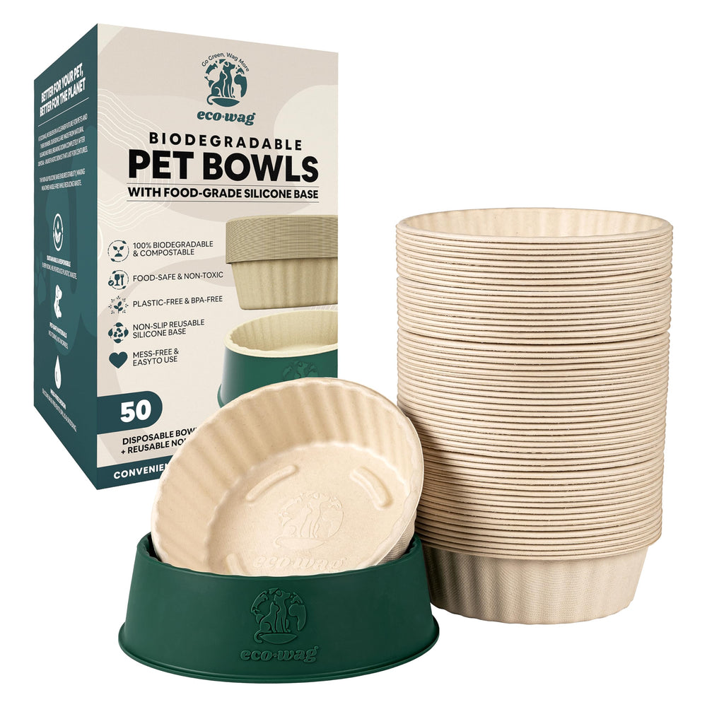 EcoWag 50-pack disposable bowls shown together for a clean, convenient feeding system.