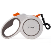 EC.TEAK retractable leash extended to 16ft, ideal for controlled exploration during urban walks.