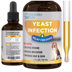 EDUZEBRA yeast infection treatment for dogs liquid bottle shown for easy administration and itch relief.