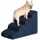 EHEYCIGA curved dog stairs navy front view highlights low-profile climb for easy bed access