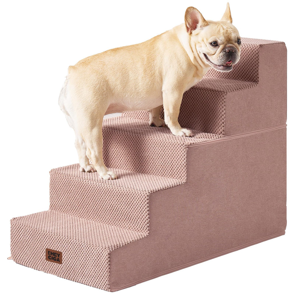 EHEYCIGA pink 5-step dog stairs beside bed edge for safe high bed access