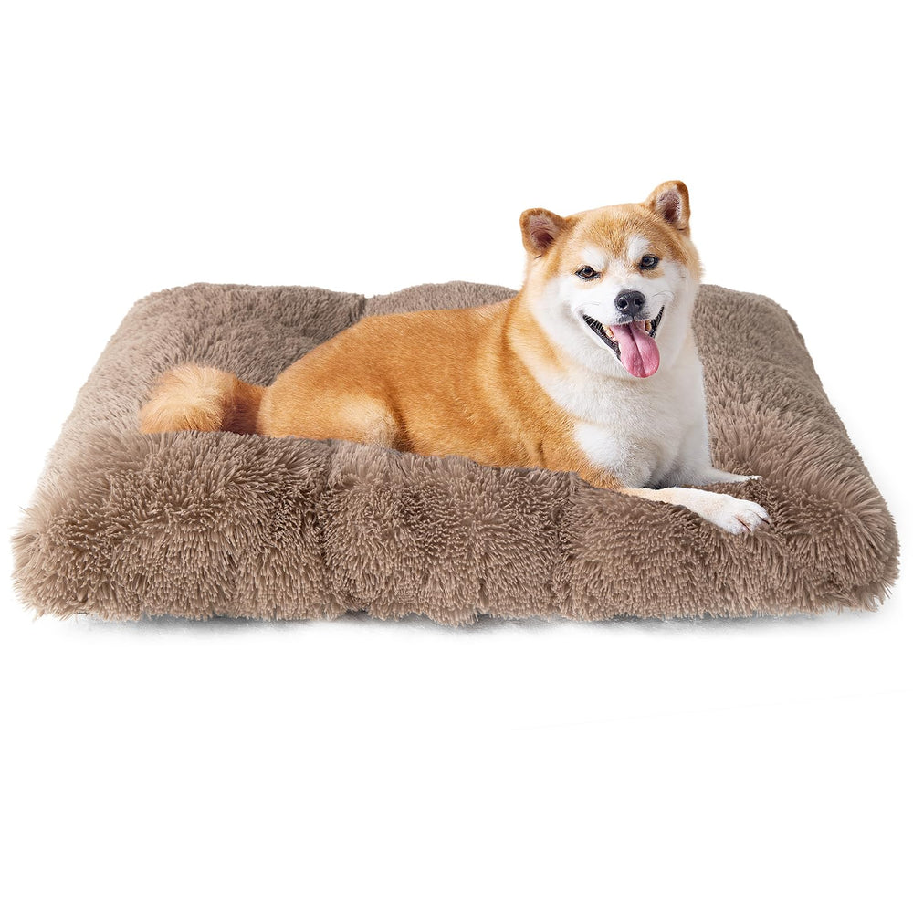 EHEYCIGA fluffy dog crate bed top view showcases plush fur for cozy lounging.