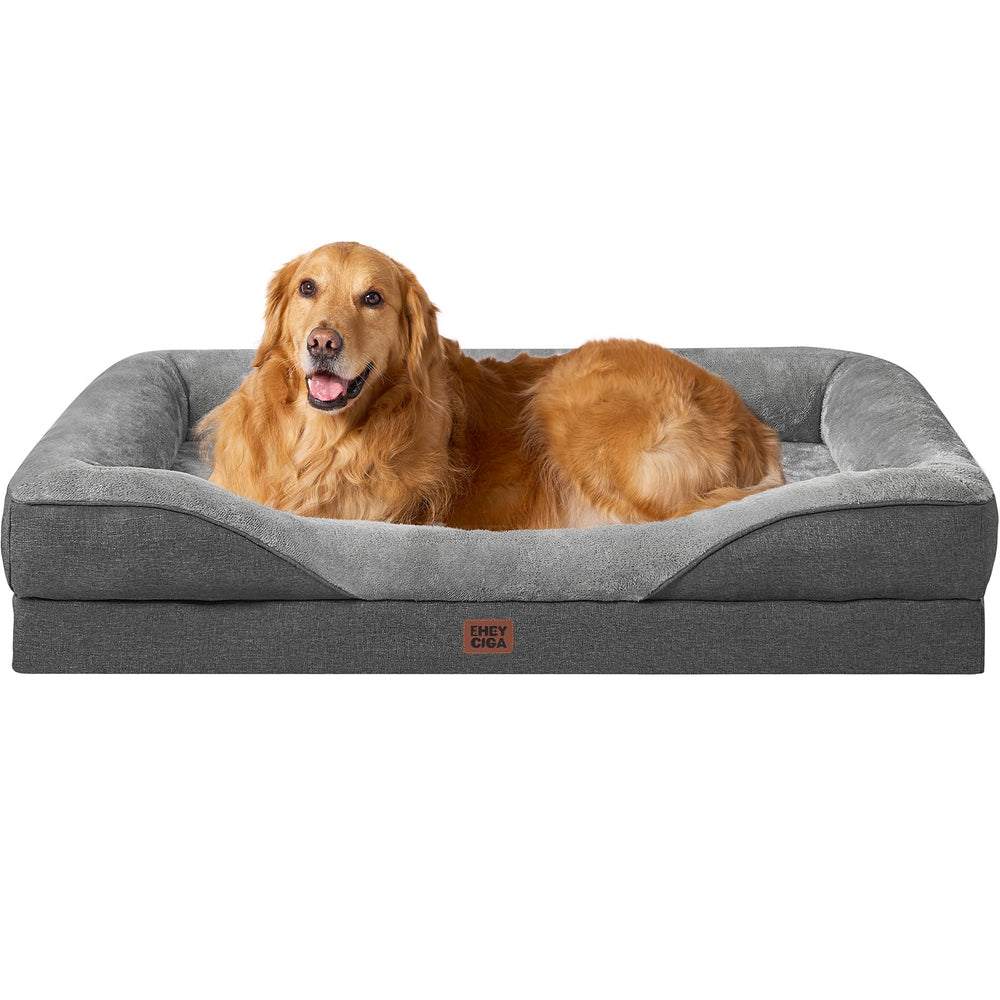 EHEYCIGA orthopedic XL dog bed outer shows four-sided bolster for neck and head support.