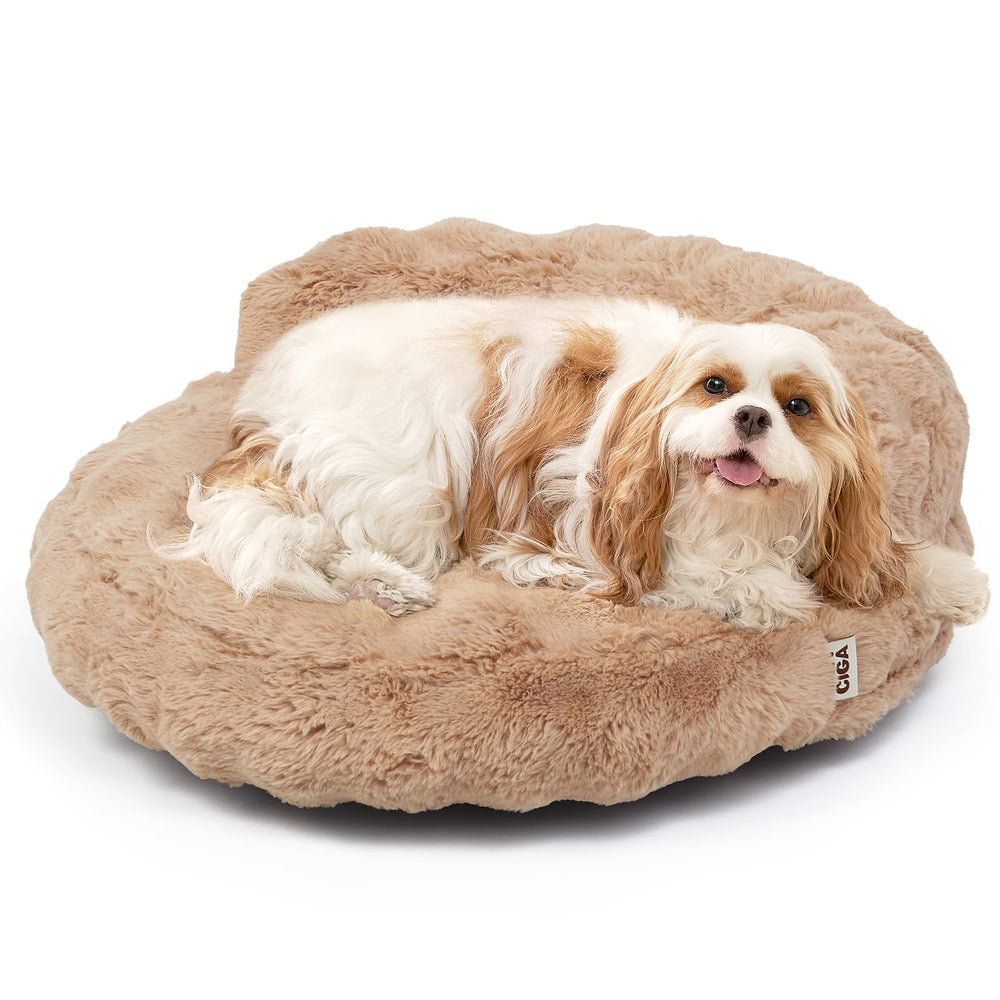 EHEYCIGA Soft Cat Couch Bed in camel fabric close-up showing plush texture for cozy naps.