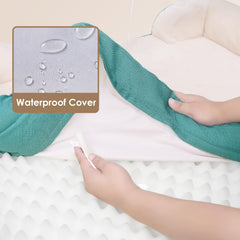 Three-sided bolsters provide neck and head support for EHEYCIGA bed.