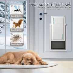 Eillion dog door with metal closing panel adds insulation and security.