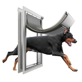 Eillion extra-large dog door exterior frame highlights durable aluminum construction.