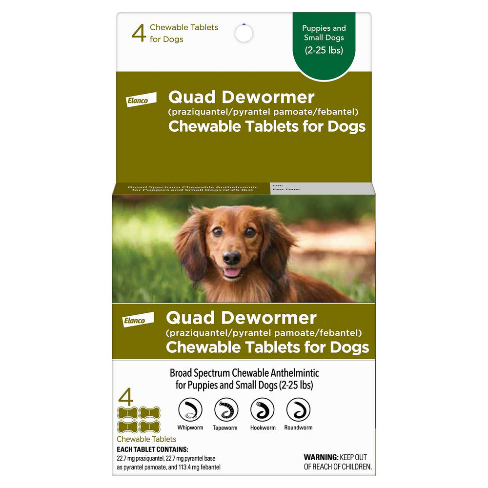 Elanco Quad Dewormer chewable beef-flavored tablet for easy dosing.