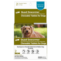 Elanco Quad Dewormer packaging shows beef-flavored chews for easy dosing.