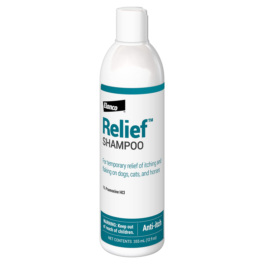 Elanco Relief Shampoo front label highlighting soap-free formula for pets' skin comfort