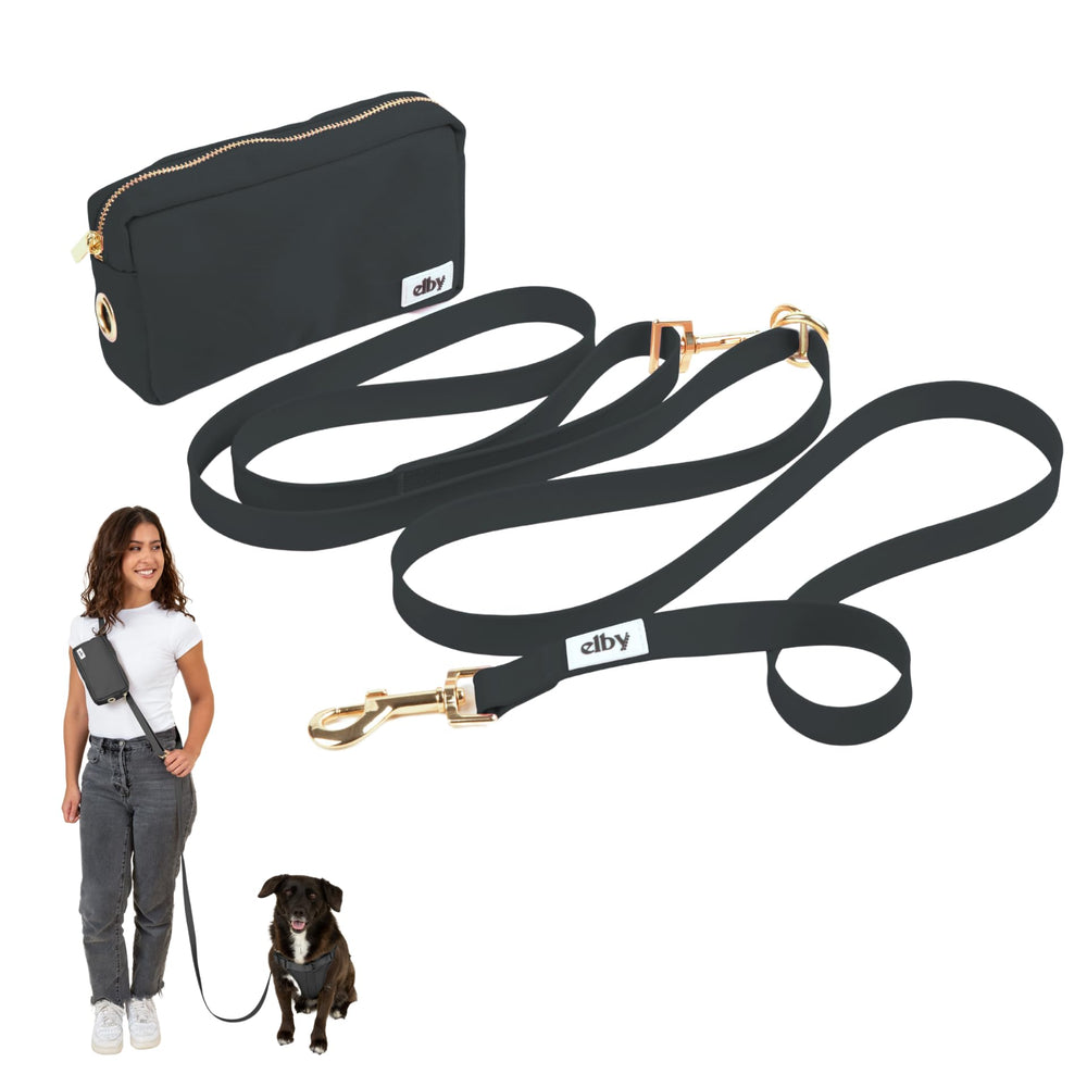 Elby hands free dog leash in cross-body mode for secure, comfortable daily walks.