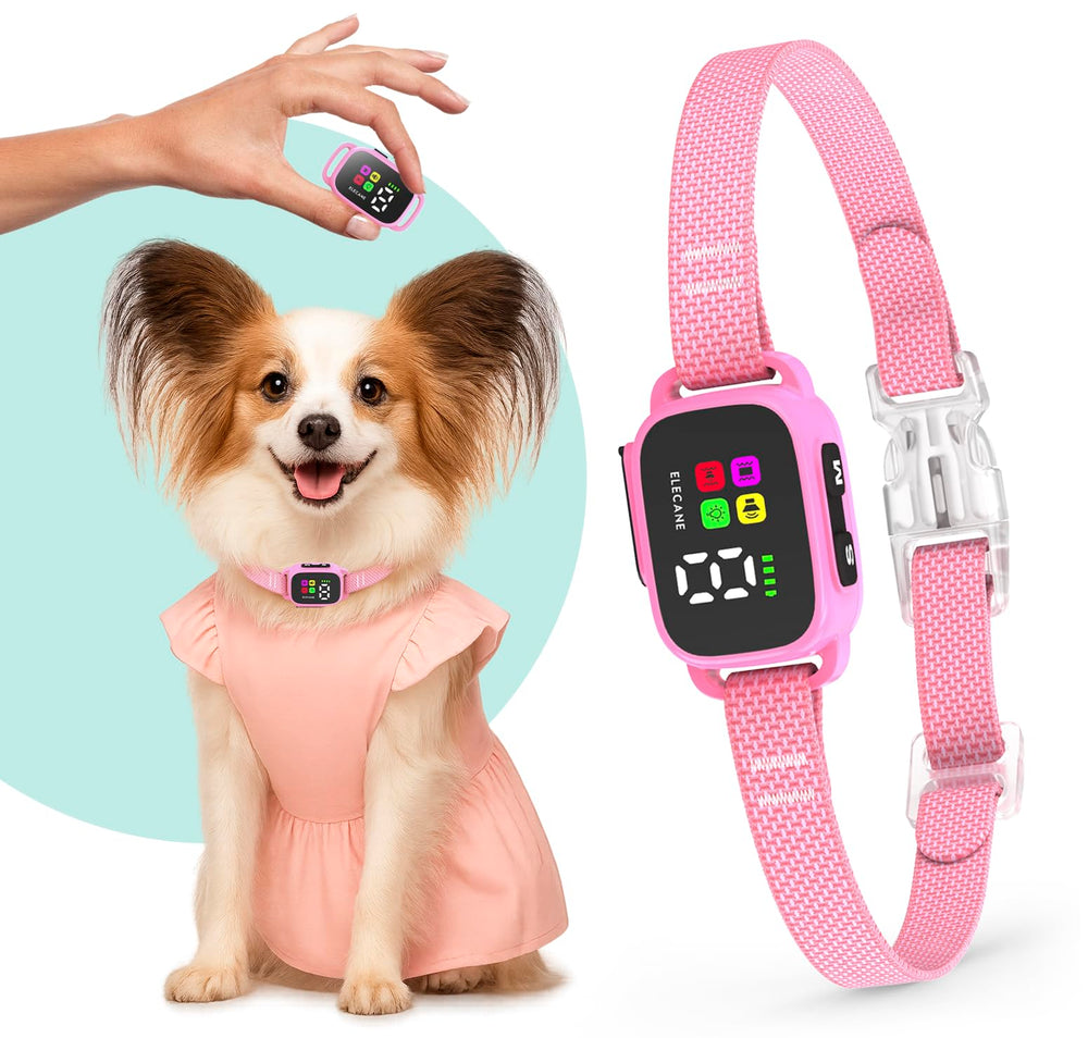 ELECANE Tiny Bark Collar in pink close-up, lightweight design for small dogs and puppies.
